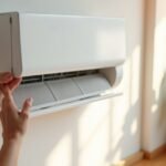 Hands removing the mesh filter from a wall-mounted split-system air conditioner in an Australian home