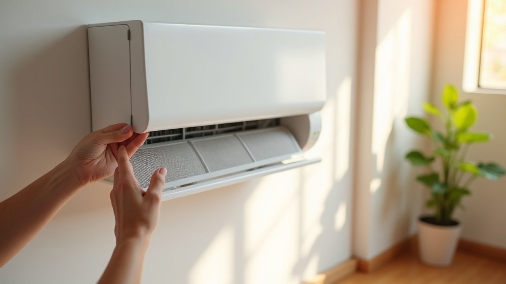 Hands removing the mesh filter from a wall-mounted split-system air conditioner in an Australian home