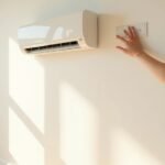 Wall-mounted split-system air conditioner head unit with a hand reaching to a wall control panel in a bright Australian living room