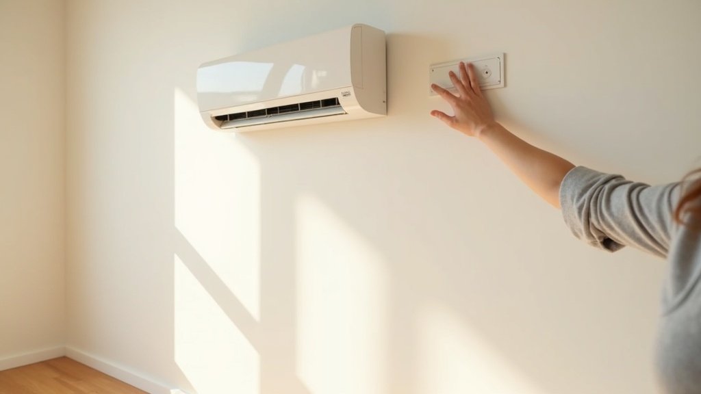 Wall-mounted split-system air conditioner head unit with a hand reaching to a wall control panel in a bright Australian living room