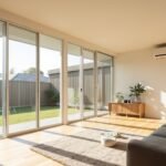 Modern Australian living room with large windows and a wall-mounted split-system air conditioner, illustrating how room size and glazing affect aircon sizing