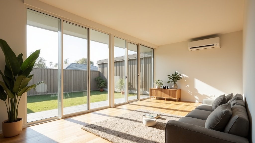 Modern Australian living room with large windows and a wall-mounted split-system air conditioner, illustrating how room size and glazing affect aircon sizing