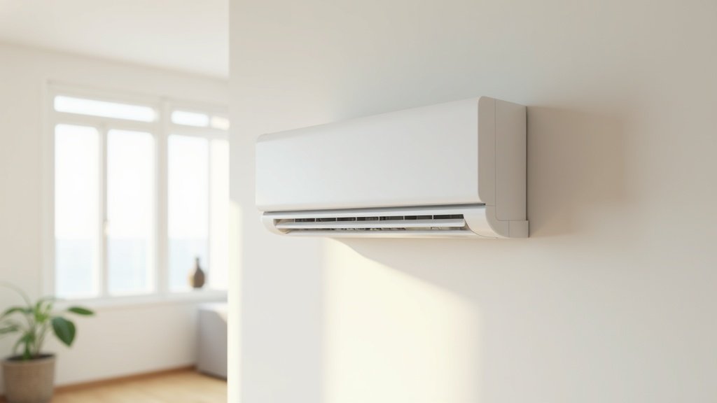 White wall-mounted split-system air conditioner indoor head unit with louvres open in a sunlit modern Australian living room