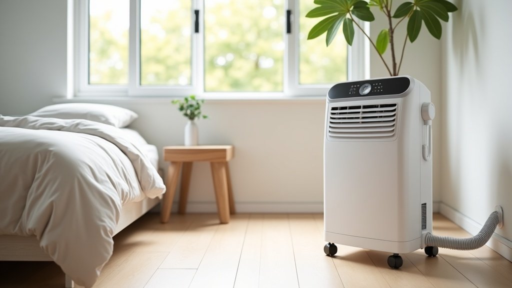 White portable air conditioner on castors in a modern Australian bedroom with its exhaust hose running to the window