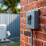 Weatherproof electrical isolator switch on a brick wall next to a split-system air conditioner outdoor unit