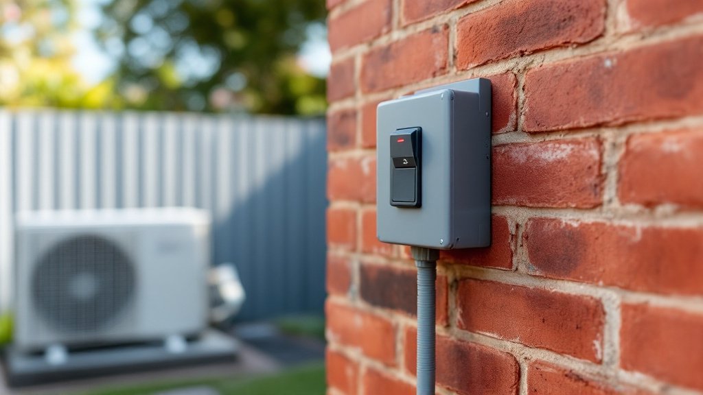 Weatherproof electrical isolator switch on a brick wall next to a split-system air conditioner outdoor unit