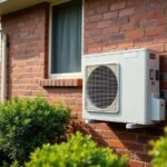 Outdoor split-system air conditioner condenser unit mounted on a brick Australian house wall
