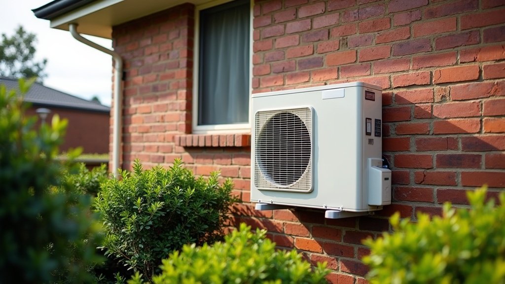 Outdoor split-system air conditioner condenser unit mounted on a brick Australian house wall