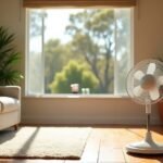 White pedestal fan in a sunlit Australian living room with gum trees visible through the window