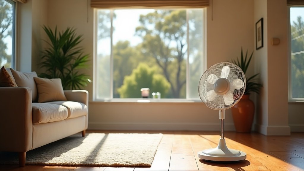 White pedestal fan in a sunlit Australian living room with gum trees visible through the window