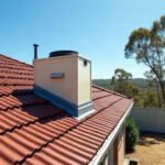 Roof-mounted whole-home cooling unit on the tiled roof of an Australian suburban home under a clear summer sky