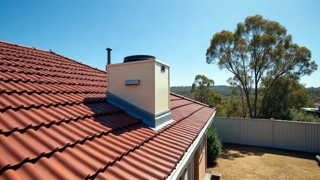 Roof-mounted whole-home cooling unit on the tiled roof of an Australian suburban home under a clear summer sky