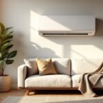 Wall-mounted reverse-cycle split system air conditioner running in heating mode in a warm Australian living room in winter