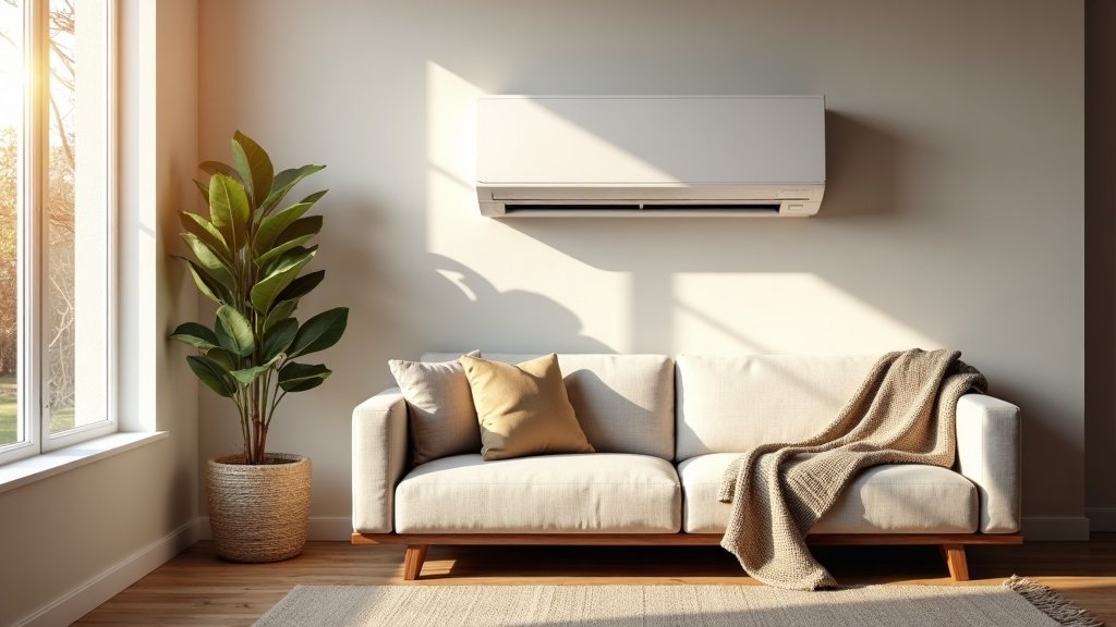 Wall-mounted reverse-cycle split system air conditioner running in heating mode in a warm Australian living room in winter