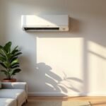 White wall-mounted split-system air conditioner indoor unit in a sunlit Australian living room