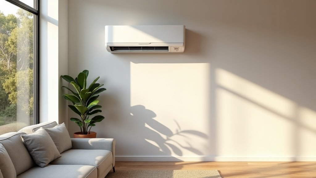 White wall-mounted split-system air conditioner indoor unit in a sunlit Australian living room