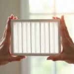 Hands holding a clean pleated air filter up to window light in a bright Australian home