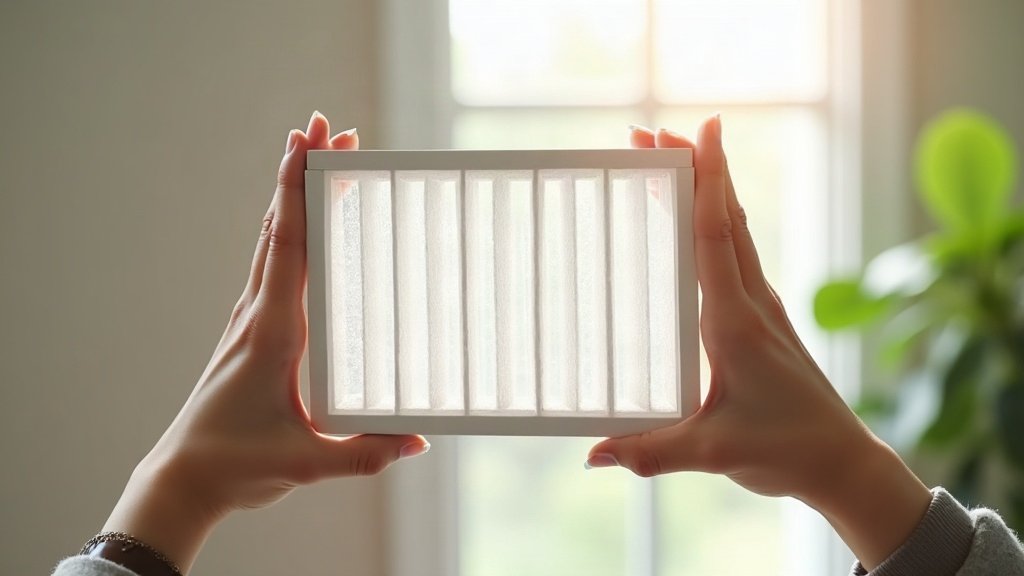 Hands holding a clean pleated air filter up to window light in a bright Australian home