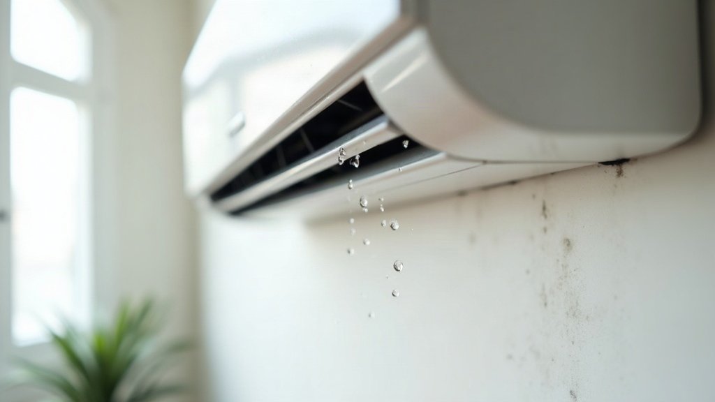 Water droplets falling from the underside of a wall-mounted split system indoor unit onto a damp, stained wall
