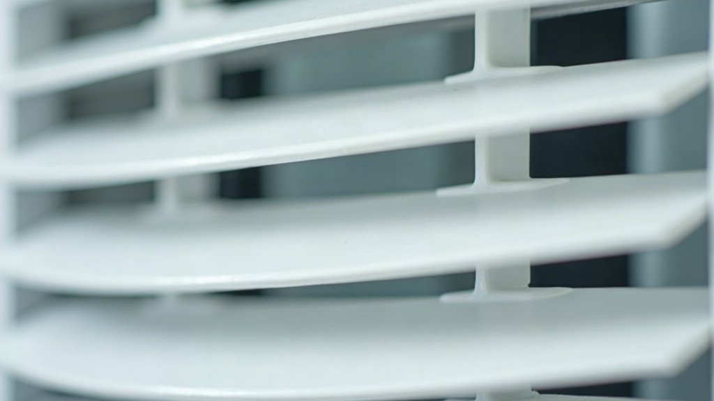 Close-up of the angled louvre vanes on the air outlet of a wall mounted split system air conditioner