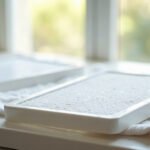 Two clean white air conditioner filter panels drying flat on a towel by a window