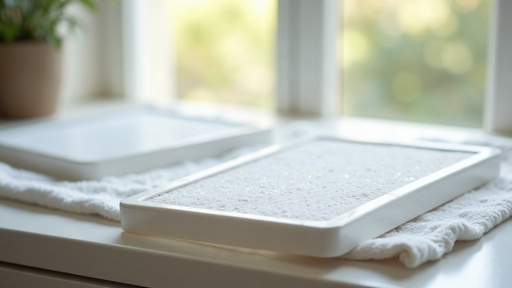 Two clean white air conditioner filter panels drying flat on a towel by a window