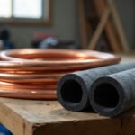 A coil of new copper refrigeration tubing beside black foam pipe insulation on a timber workbench