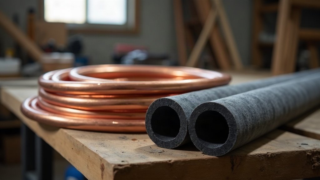 A coil of new copper refrigeration tubing beside black foam pipe insulation on a timber workbench