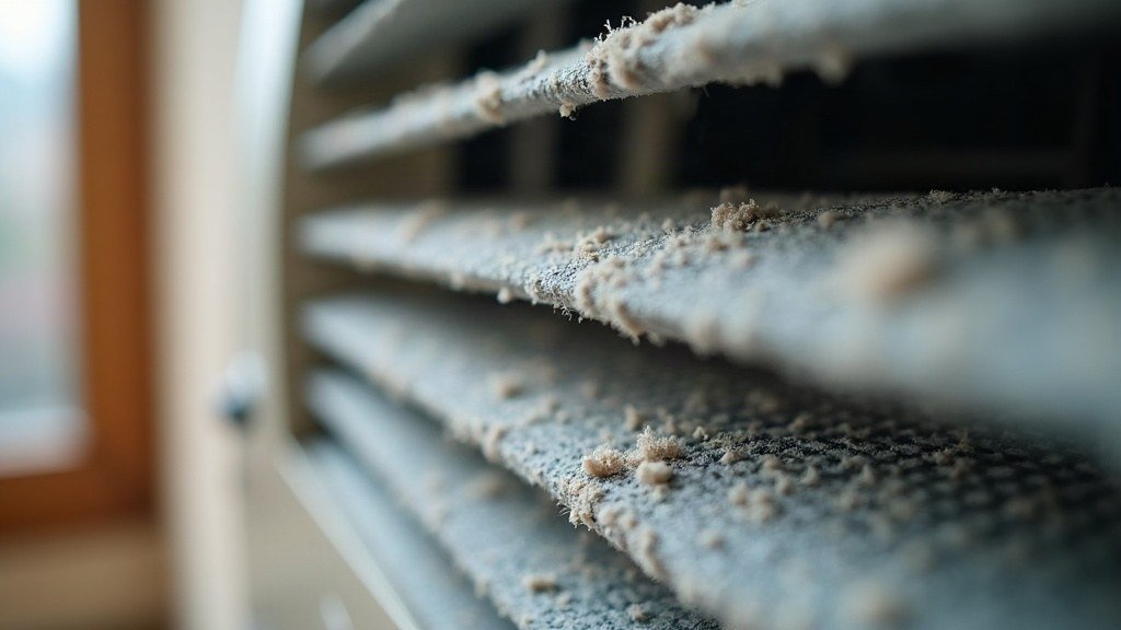 Close-up of the dust-clogged filter and louvres of a wall-mounted air conditioner indoor unit