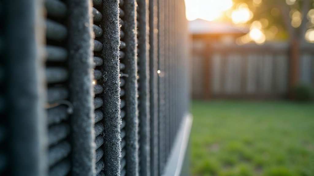 Frost on the aluminium heat exchanger fins of a domestic air conditioner outdoor unit in an Australian backyard on a winter morning