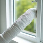 White flexible exhaust hose from a portable air conditioner running out through a partly open window in a bright apartment