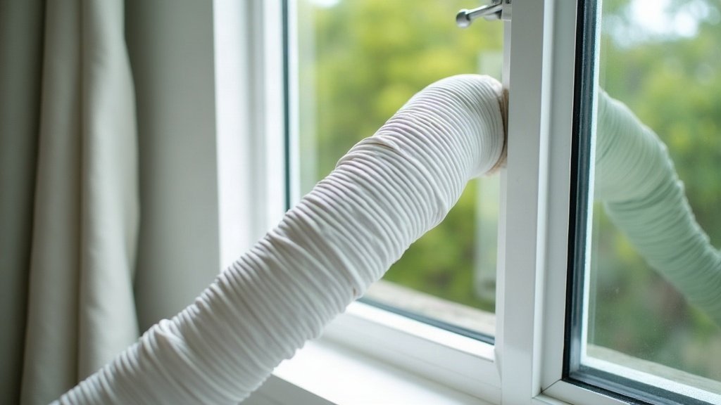 White flexible exhaust hose from a portable air conditioner running out through a partly open window in a bright apartment