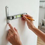 Marking a wall bracket position with a spirit level, high on an interior wall, before mounting a split-system indoor unit