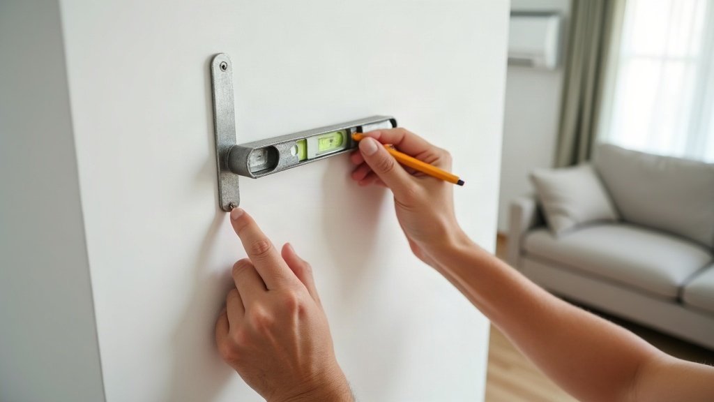 Marking a wall bracket position with a spirit level, high on an interior wall, before mounting a split-system indoor unit
