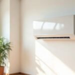 White wall-mounted split system air conditioner in a sunny Australian living room