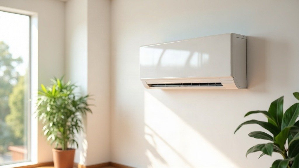 White wall-mounted split system air conditioner in a sunny Australian living room