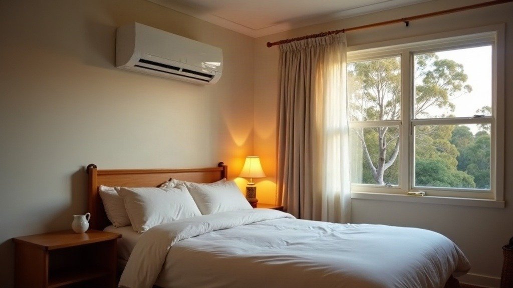 A white wall-mounted split system air conditioner in a softly lit bedroom at dusk, with a made bed, a bedside lamp and gum trees outside the window