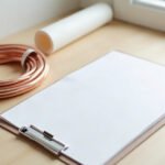 A coil of copper refrigerant pipe and white pipe insulation on a timber benchtop beside a blank clipboard