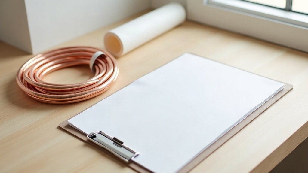 A coil of copper refrigerant pipe and white pipe insulation on a timber benchtop beside a blank clipboard