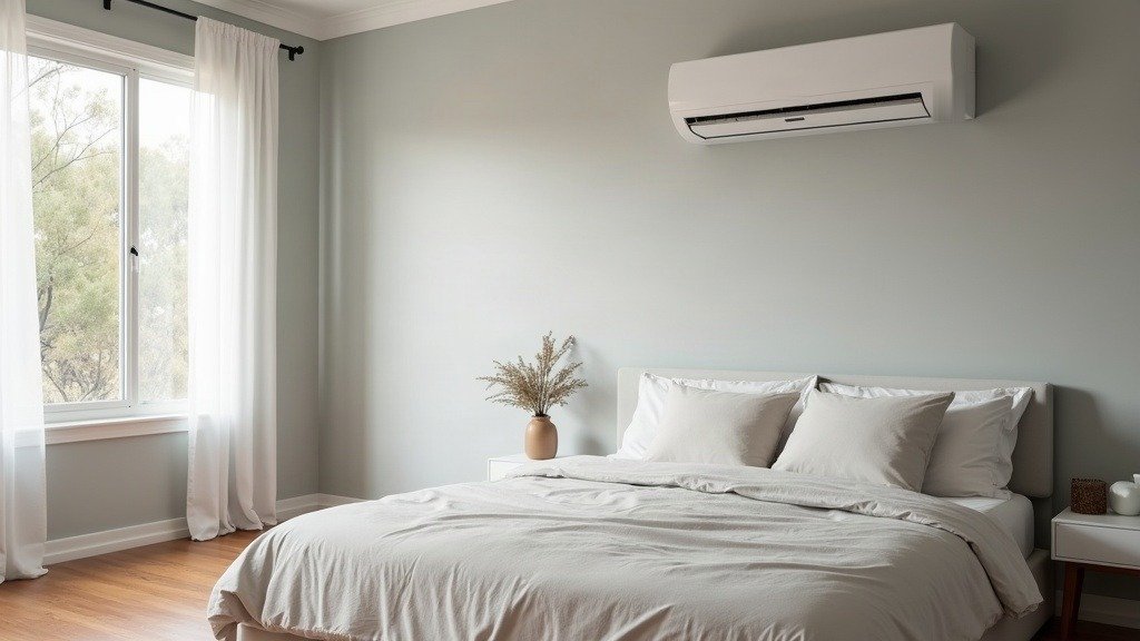 A plain white wall-mounted split system indoor unit above a made bed in a light grey bedroom, with a gum tree visible through the window