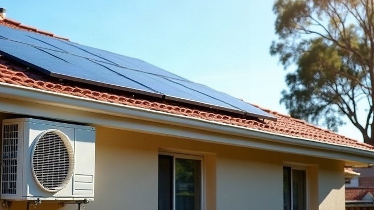 Rooftop solar panels on a terracotta tile roof above a white split system air conditioner outdoor unit on a rendered wall, with a gum tree behind