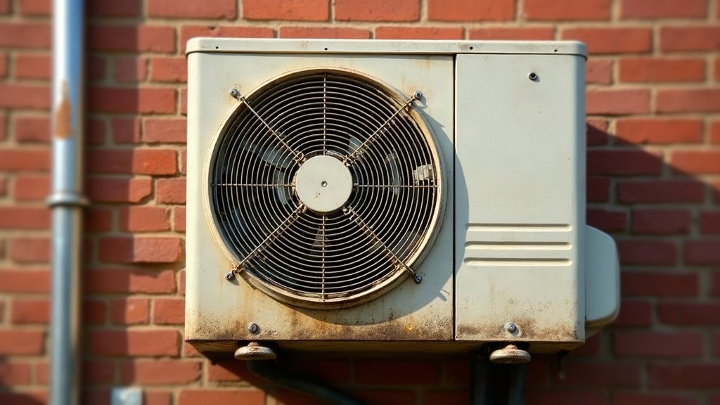 A weathered off-white air conditioner outdoor unit with rust along its base, mounted on a red brick wall