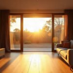 Low afternoon sun pouring through an unshaded sliding glass door into a living room with a timber floor