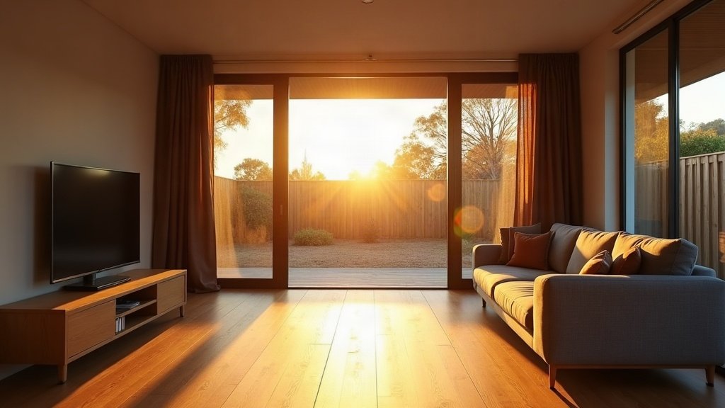 Low afternoon sun pouring through an unshaded sliding glass door into a living room with a timber floor